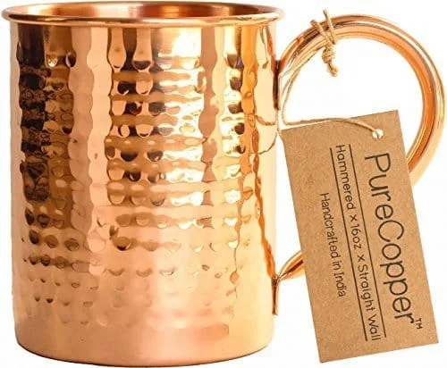 100% Copper Mug for Moscow Mule – 16oz Hammered Pure Copper Thick Straight Wall
