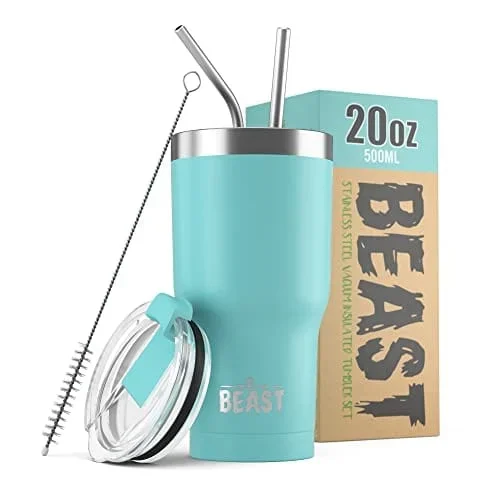 Beast 20 oz Tumbler Stainless Steel Vacuum Insulated Coffee Ice Cup Double Wall Travel Flask by Greens Steel (Aquamarine Blue)