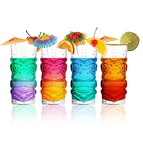 Clear Tiki Glasses, Set of 4 – 450 ML – Perfect for Exotic Cocktails, Lemonade, Ice Tea, Mixed Drinks- Exotic Zombie, Rum, Mai Tai, Pina Colada, Punch, Hurricane, Bar Drinkware