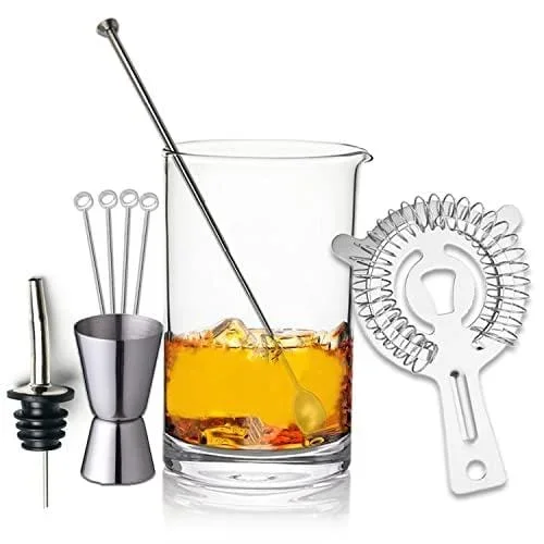 Cocktail Mixing Glass – 9pcs Mixing Glass Set 550ml/18.5oz, Thick Bottom Seamless with Cocktail Strainer Bar Spoon Great for Bartender, Home Bar – MG01-S (Silver)