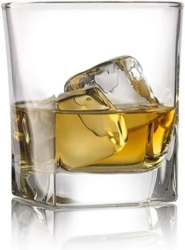 Double Old Fashioned Whiskey Glass (Set of 4) with Granite Chilling Stones – 10 oz Heavy Base Rocks Barware Glasses for Scotch, Bourbon and Cocktail Drinks