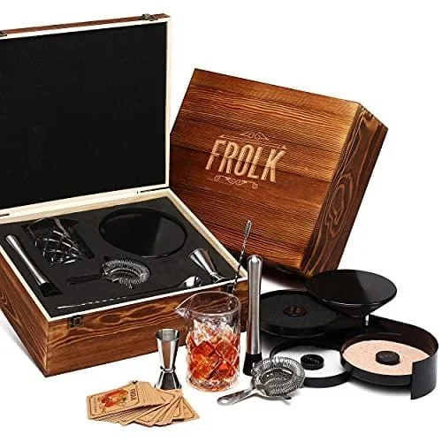 Frolk Complete Bar Set – Bar Tools – Cocktail Set: Mixing Glass, Cocktail Glasses Rimmer, Spoon, Muddler, Jigger – Mixology Bar Accessories Tool Kit – Bartender Barware Mixer Set in Wooden Gift Box