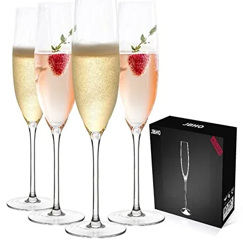 JBHO Champagne Glasses-Elegant Flutes-Gift-Box-Hand Blown Champagne Flutes Glass-100% Lead-Free Premium Crystal – Gift Idea for Wedding, Anniversary, Christmas,New Year-Set of 4-8oz, Clear