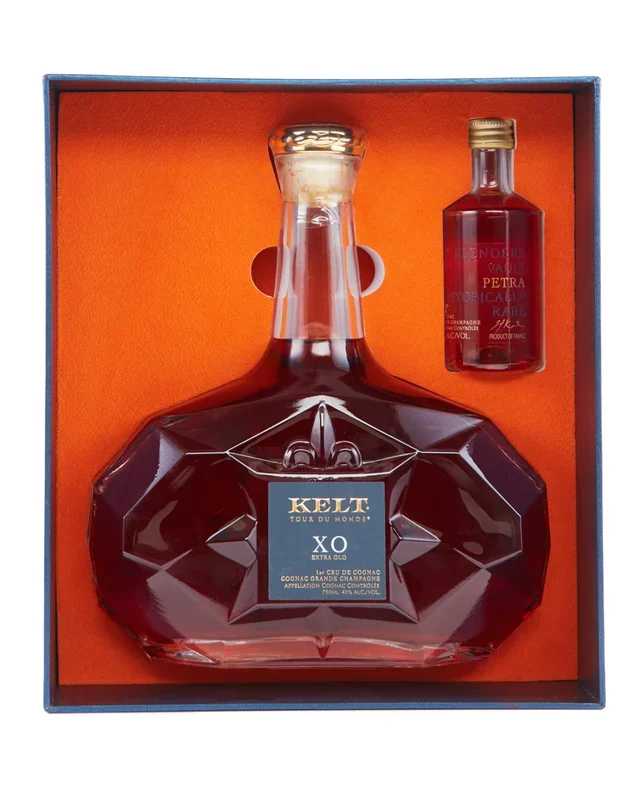 KELT COGNAC XO GRAND CHAMPAGNE TOUR DU MONDE GIFT BOX W/ 50ML PETRA FRANCE 750ML