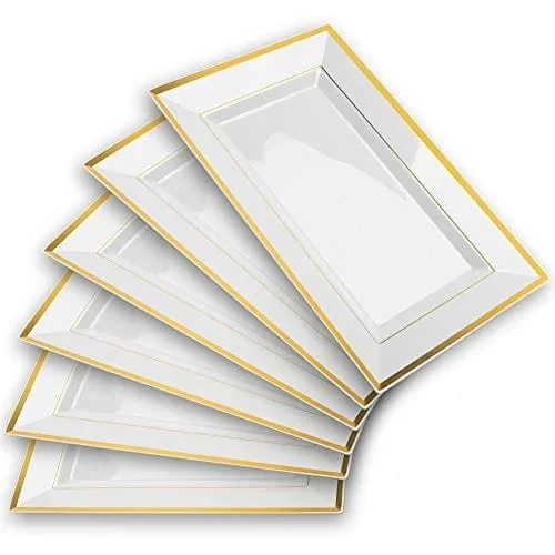 Mint Living – Elegant Plastic Serving Tray & Platter Set (6pk) – White & Gold Rim Disposable Serving Trays & Platters for Food – Weddings, Upscale Parties, Dessert Table, Cupcake display – 8×13 inches