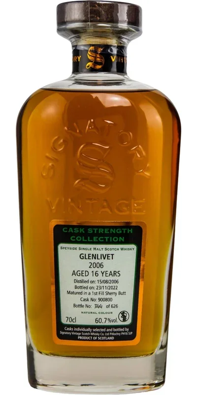 SIGNATORY VINTAGE SCOTCH SINGLE MALT GLENLIVET 1ST FILL SHERRY BUTT CASK STRENGTH COLLECTION 16YR 700ML