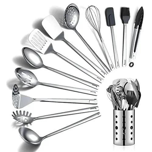 Stainless Steel Cooking Utensils Set, Berglander 13 Pieces Kitchen Utensils Set, Kitchen Tools Set With Utensil Holder Non-Stick And Heat Resistant,Dishwasher Safe, Easy to Clean (13 Packs)