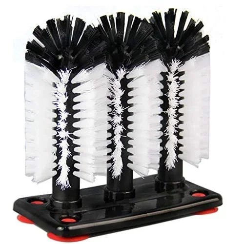 Water Bottle Cleaning Brush Glass Cup Washer with Suction Base 3 Head Bristle Brush for Beer Cup, Long Leg Cup, Red Wine Glass & More Bar Kitchen Sink Home Tools
