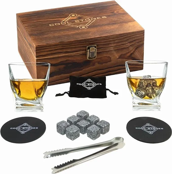 Whiskey Gift Set in Wood Box, Set Whiskey Glasses, 8 Chilling Stones, Pouch, 2 Coasters & Tongs