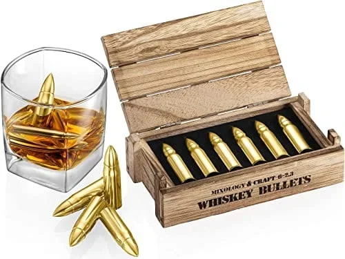Whiskey Stone Bullets Gift Set – Stainless Steel Bullet Shaped Whiskey Stones in a Wooden Army Crate | Reusable Bullet Ice Cube for Whiskey | Whiskey Gift Set for Men, Dad, Husband, Boyfriend (Gold)