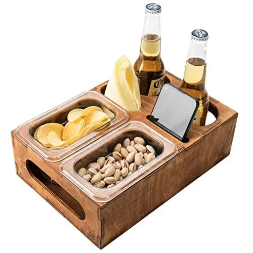 Wood Beer Box – Gift for Beer Lovers, Dad, Man, Him, Boyfriend- Drink Box Snacks Tray- Table Stand Caddy with slots for glasses, chips, nuts- Couch Organizer for Beverages, Remote Control, Phone stand